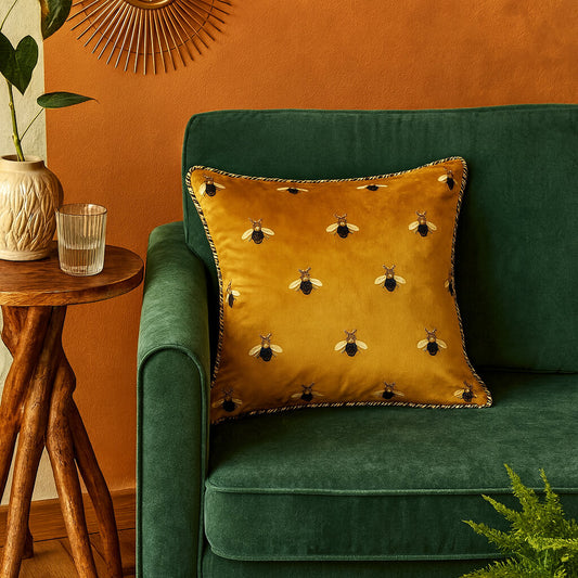 Coussin jaune velours abeille