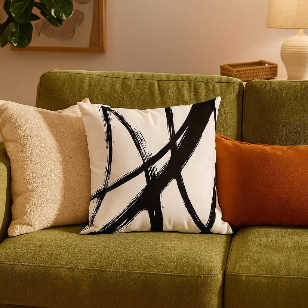 Coussin noir et blanc art abstrait