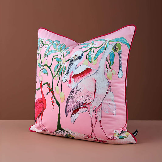 Coussin rose oiseaux