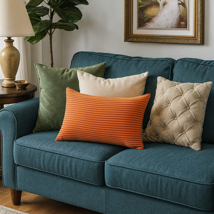 Coussin orange velours côtelé